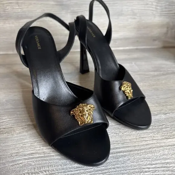 VERSACE SHOES BLACK LEATHER w MEDUSA HIGH HEEL SANDALS sz IT 39 US 8 - Picture 10 of 10